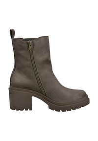 Szary botek za kostkę z gładkim zamszowym wykończeniem, dwoma suwakami po bokach, masywnym obcasem i ryflowaną podeszwą dla lepszej przyczepności.