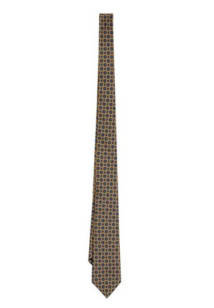 Corbata amarilla con patrones circulares geométricos azules repetidos, mostrada plana y recta sobre un fondo blanco.