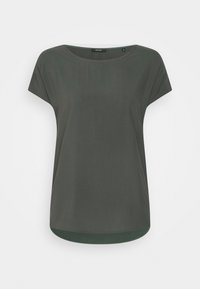 Top corto a maniche corte verde scuro con scollatura rotonda, orlo posteriore leggermente più lungo, texture liscia e design semplice.