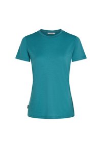 Teal korte mouwen t-shirt met een ronde hals, gemaakt van een gladde, lichte stof. Bevat een klein logo label aan de zoom.