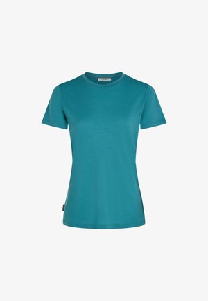 Teal kortærmet t-shirt med rund halsudskæring, lavet af et glat, let materiale. Har et lille logo-tag i kanten.
