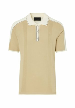 Polo beige a maniche corte con colletto bianco e patta con bottoni, bordino bianco sulle maniche e sui lati, righe verticali strutturate sul davanti.