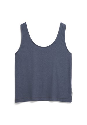 Top blu scuro senza maniche con scollatura rotonda e spalline larghe. Realizzato in un tessuto morbido e testurizzato, con orlo dritto e senza decorazioni visibili.