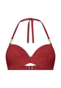 Červený bikiny top s vycpanými košíčky, zavazováním za krkem a zlatými řetízkovými detaily na ramínkách. Obsahuje výřezový design a texturovanou látku.