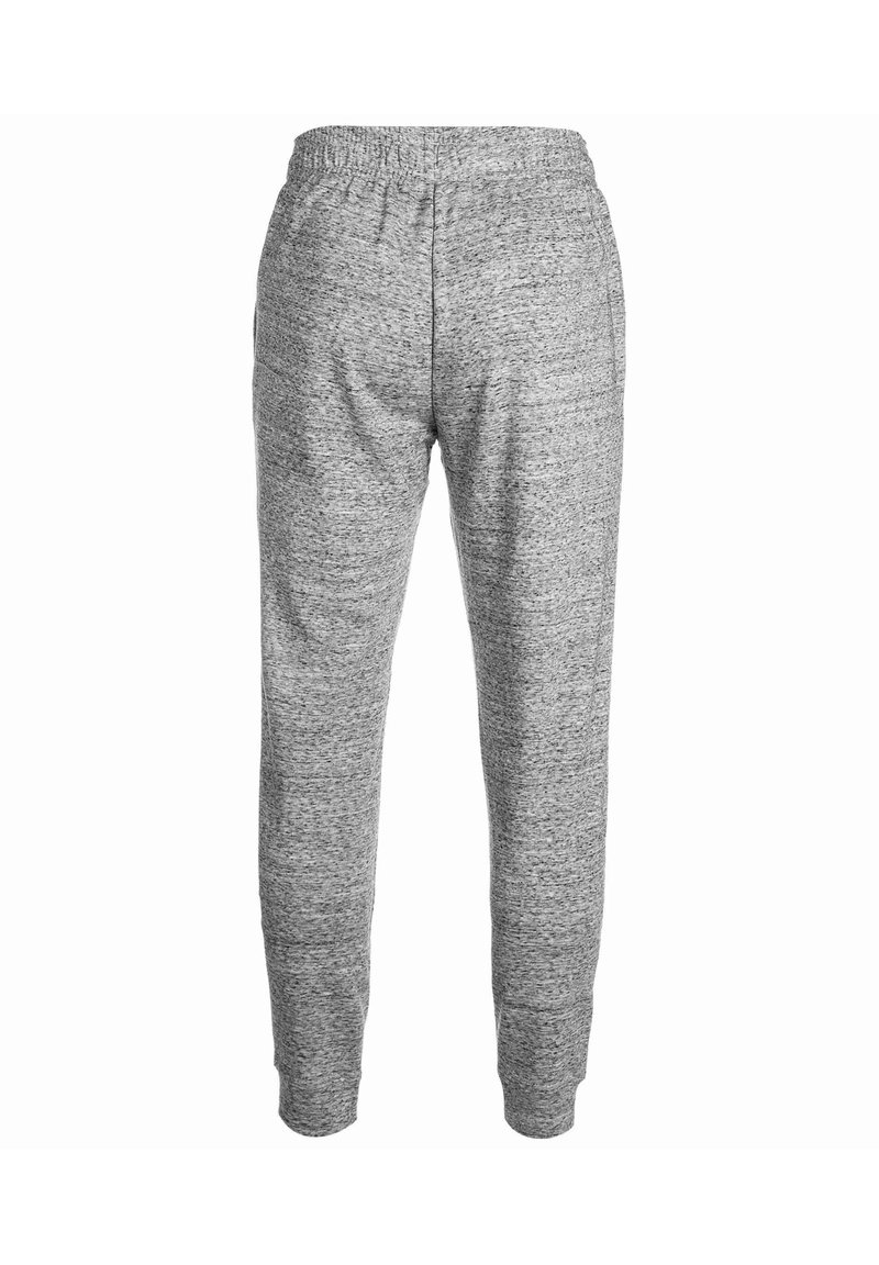 Pantalones deportivos grises hechos de un material suave y texturizado. Cuentan con una cinturilla elástica y puños ajustados en los tobillos.