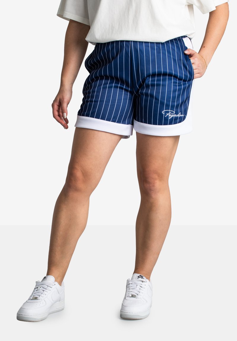 Navy blue shorts with white pinstripes, featuring a white hem and contrasting logo. Made from breathable fabric, designed for comfort.