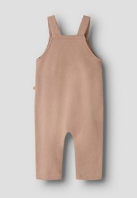 Lažjo roza bombažne hlače z nastavljivimi naramnicami, brezrokavnim dizajnom in zaobljenim izrezom na spodnji strani. Gladek tekstura, brez vzorcev.