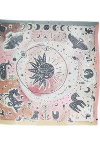 Square scarf featuring a pastel gradient with intricate black illustrations of celestial motifs, animals, and plants. Soft, lightweight fabric.
