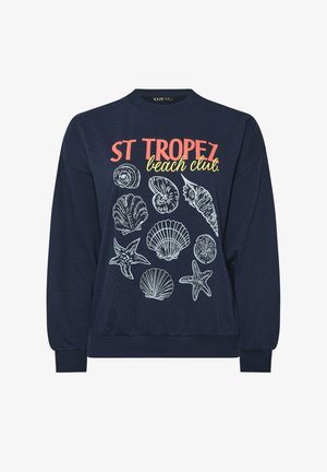 Marineblauwe sweatshirt met de tekst "ST TROPEZ beach club" en witte lijntekeningen van diverse schelpen en zeesterren op de voorkant.