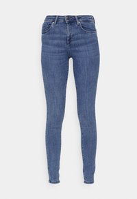 Blugi skinny din denim albastru mediu, cu talie înaltă, cinci buzunare, bucle pentru curea și o textură netedă cu o ușoară decolorare.