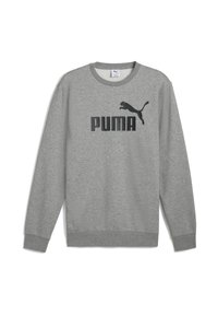 Felpa grigia realizzata in un misto di cotone, con il logo nero "PUMA" e il design di un gatto che salta sul petto. Polsini e orlo a coste.