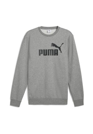 Sweatshirt gris en coton mélangé, arborant un logo "PUMA" noir et un design de chat bondissant sur la poitrine. Poignets et ourlet côtelés.