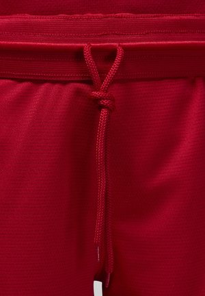 Rode sportieve shorts van een textuurstof, met een gevlochten trekkoord en een gestikte tailleband. Geen extra hardware of patronen zichtbaar.