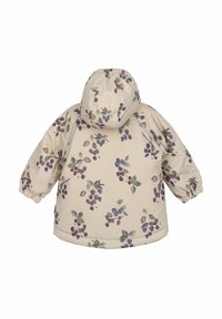 Giacca lunga imbottita con cappuccio, realizzata in tessuto beige decorato con stampe floreali di bacche in viola, blu e verde. Polsini elasticizzati.