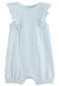 Giocattolo blu chiaro con stampa floreale, caratterizzato da dettagli a volant sulle spalle e aperture delle gambe elasticizzate per facilità d'uso e comfort.