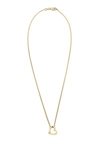 Goldene Halskette mit feiner Kette, ausgestattet mit einem herzförmigen Anhänger, der von einem kleinen rosafarbenen Stein akzentuiert wird. Einfaches Design und glatte Textur.