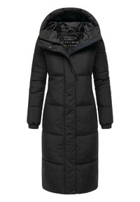 Sort puffer-jakke med et langt, lige design, hætte og ribbede manchetter. Har horisontale quiltede sektioner og lynlås foran.