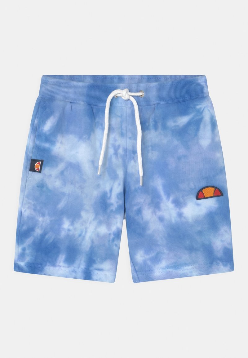 Shorts tie-dye bleus avec un cordon de serrage blanc et une ceinture élastique. Présente un logo brodé en orange et jaune sur le côté.
