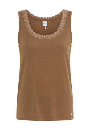 Brun ærmeløs, ribstrikket top med blonder rundt den scoopsformede halsudskæring og lille metal logo nær kanten.