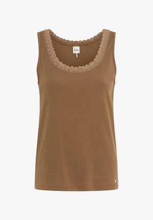 Haut marron sans manches en tissu côtelé avec bordure en dentelle autour de l'encolure dégagée et petit logo métallique près de l'ourlet.