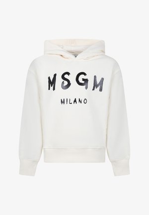 Felpa color crema realizzata in morbido tessuto, con una grafica frontale che mostra "MSGM" in lettere nere grassetto e "MILANO" al di sotto in carattere più piccolo.