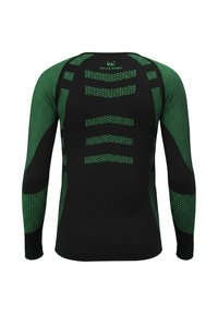 Long-sleeve athletic shirt in black with green accents. Features textured patterns and a fitted design for enhanced performance.