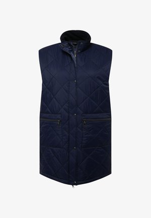 Námořnická prošívaná vesta s vysokým límcem, zapínáním na patentky a zip, a dvěma předními zipovými kapsami. Hladká textura a design do délky kolen.