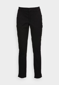 Pantalon noir ajusté en mélange de coton, doté d'une braguette à fermeture éclair, de passants pour ceinture, de poches latérales et de détails de couture subtils sur les coutures.