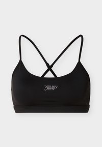 Brassière de sport noire avec fines bretelles croisées et "tommy jeans" brodé en blanc au centre avant.