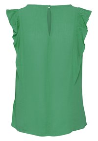 Top verde senza maniche con un design a volant, dotato di chiusura con apertura a chiave sul retro e realizzato in un tessuto leggero e morbido.