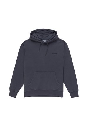 Marineblå hættetrøje med snøre i hætten, frontlomme i kangaroo-stil, ribbede manchetter og kant. Har et lille tonalt logo på brystet. Fremstillet af blødt stof.