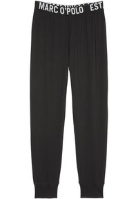 Pantalones de chándal negros con una cintura elástica y marca blanca, con perneras ajustadas y una textura de tela suave y lisa.