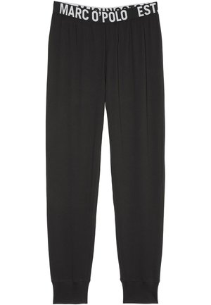 Pantaloni sportivi neri con vita elastica e branding bianco, gambe affusolate e una trama di tessuto morbido e liscio.