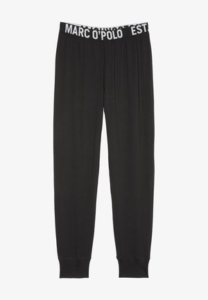 Pantaloni sportivi neri con vita elastica e branding bianco, gambe affusolate e una trama di tessuto morbido e liscio.