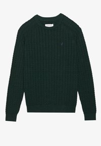 Maglione verde lavorato a maglia con motivo a treccia testurizzato, colletto rotondo, polsini e orlo a costine, con un piccolo logo viola sul petto.