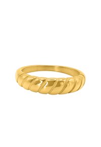 Goldring mit gedrehtem Design, glatter, polierter Oberfläche und abgerundeten Kanten. Minimalistischer Stil, gleichmäßige Dicke über das gesamte Stück.