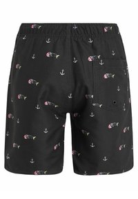 Zwarte zwembroek met een herhalend patroon van kleurrijke vissen en ankers, elastische tailleband en een achterzak met knoopsluiting.