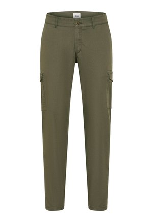 Olivengrønne cargobukser med knap og lynlås foran, bæltestropper og klaplommer på begge lår.