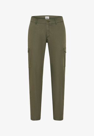 Olivengrønne cargobukser med knap og lynlås foran, bæltestropper og klaplommer på begge lår.