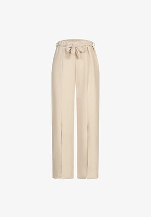 Beezid laiused püksid tekstureeritud viimistlusega, millel on elastne vöökoht ja ees sidumisdetail. Laienev kuju külgmiste lõigetega.