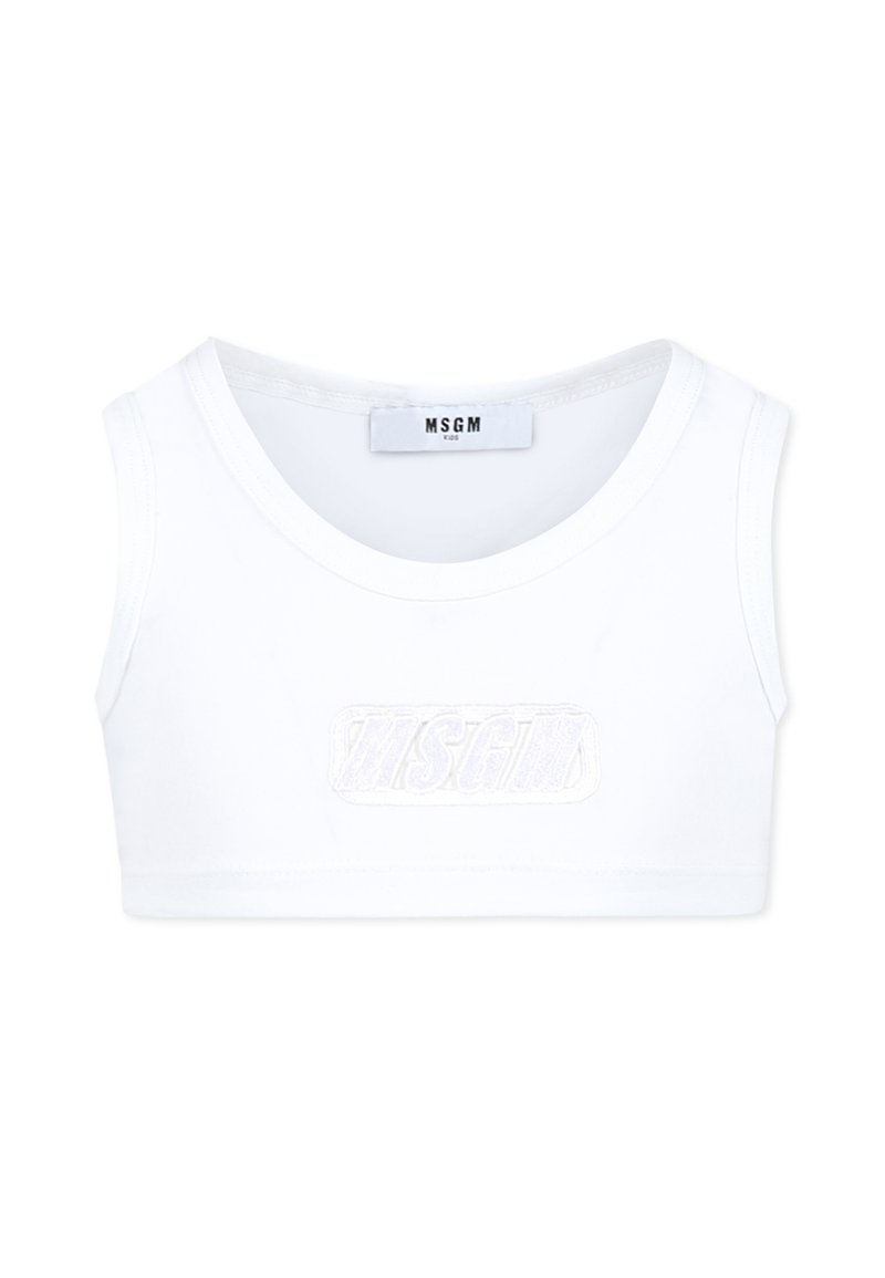 Top corto bianco in cotone, con scollatura tonda e logo ricamato "MSGM" al centro. Texture liscia e design senza maniche.