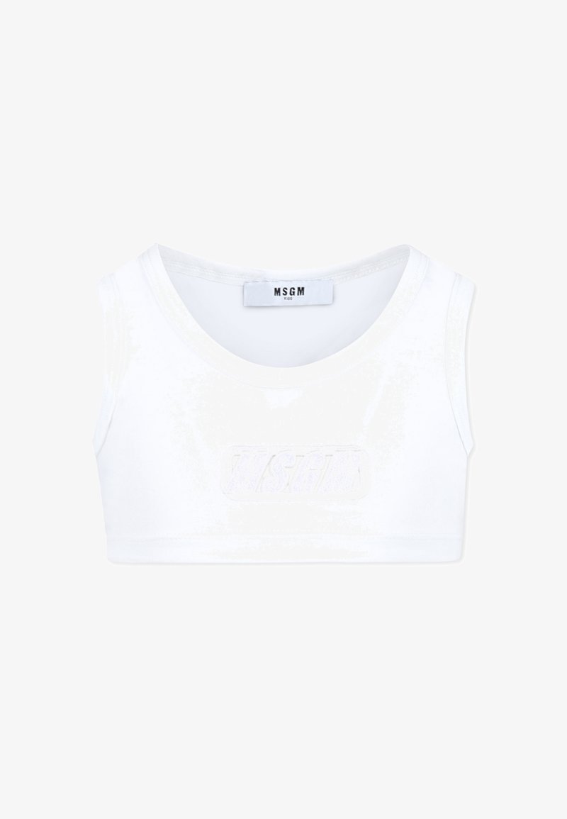 Top corto bianco in cotone, con scollatura tonda e logo ricamato "MSGM" al centro. Texture liscia e design senza maniche.