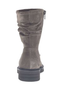 Grey suede mid-calf boot with a black rubber sole and a side zipper, viewed from the back.