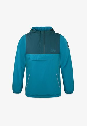 Türkisfarbene leichte Jacke mit einem dunkelgrünen oberen Einsatz, verstellbarer Kapuze, Fronttasche und elastischen Bündchen. Enthält reflektierende Details.