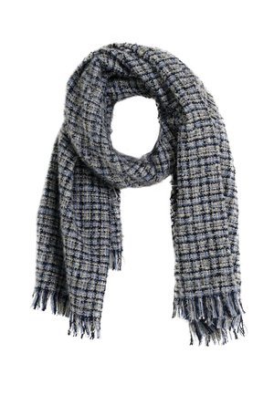 Bufanda de lana a cuadros en azul y gris, con bordes flecados, envuelta en un lazo suelto sobre fondo blanco.