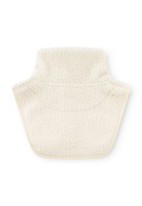 Cremfarbener Fleece-Bekleidungsstück mit hohem Kragen, das eine strukturierte Oberfläche und gestickte Kanten aufweist. Entworfen für Wärme und Komfort.