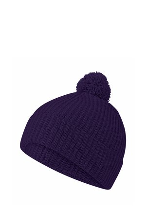 Donkerpaarse gebreide wintermuts met een omgeslagen rand en een pompon bovenop tegen een witte achtergrond.