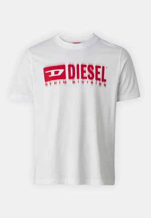 White cotton t-shirt featuring a bold red logo with "DIESEL" and "DENIM DIVISION." Short sleeves and a round neckline.