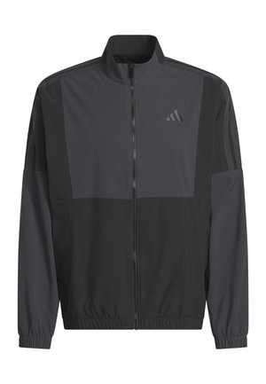 Ανδρικό αθλητικό μπουφάν με φερμουάρ σε μαύρο και σκούρο γκρι χρώμα, με όρθιο γιακά, ελαστικές μανσέτες και διακριτικό λογότυπο της Adidas στο στήθος.