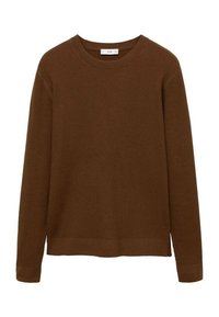 Brązowy sweter z prążkowanym wzorem, okrągłym dekoltem, długimi rękawami i prostym dołem. Tkanina ma miękką teksturę i poziomy wzór pasków.